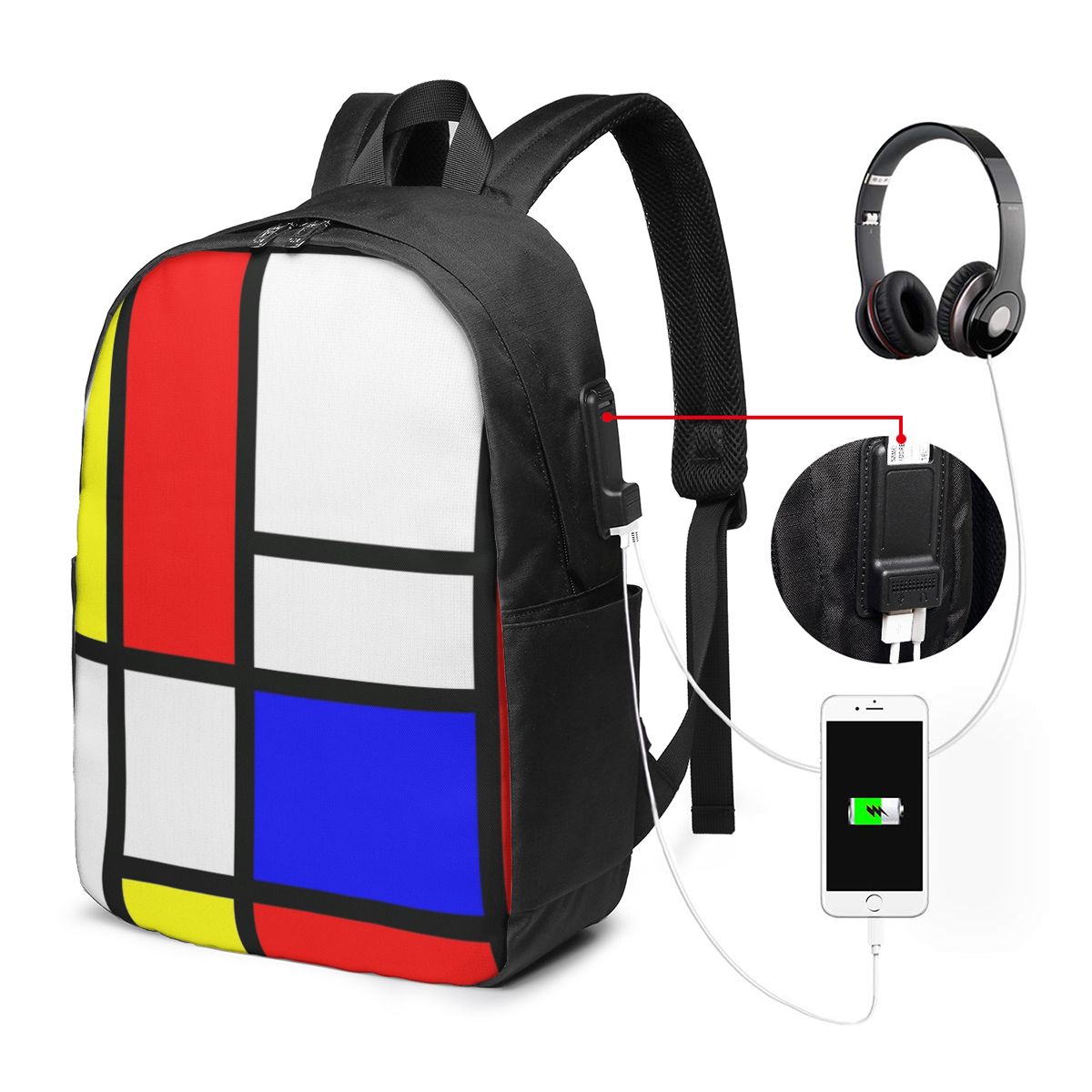 Women Bags For Travel - Plecak z motywem Kompozycji P. Mondriana,
