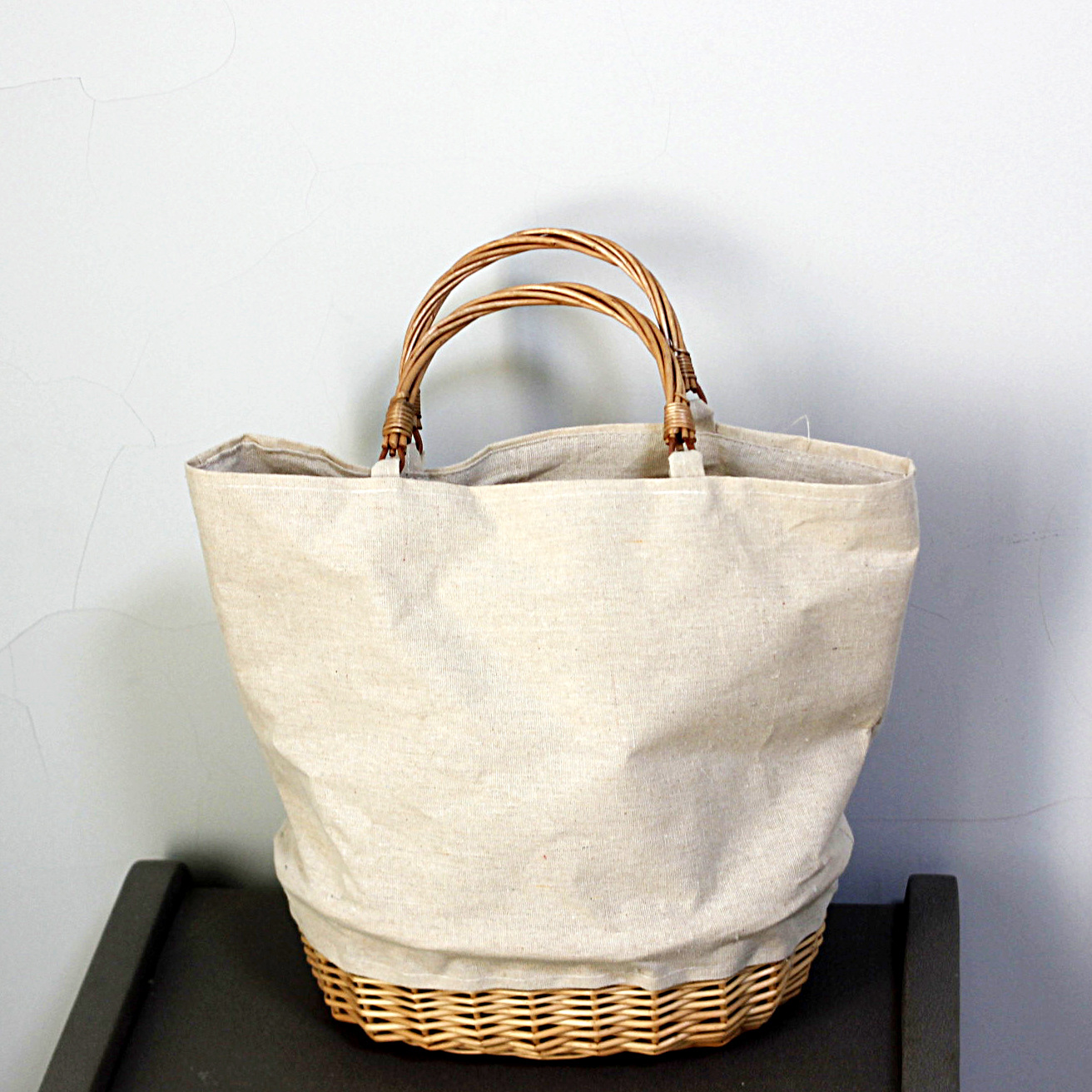 Basket Bag Wicker - Torba z wikliny, pleciona, lniana, patchworkowa,